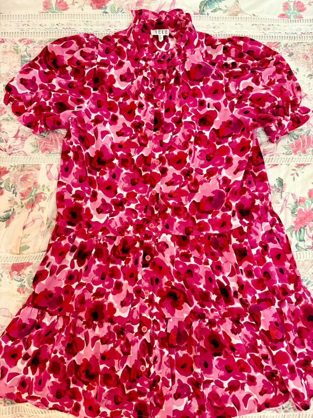 TCEC Pink & Fuchsia Floral Button-Front Mini Dress